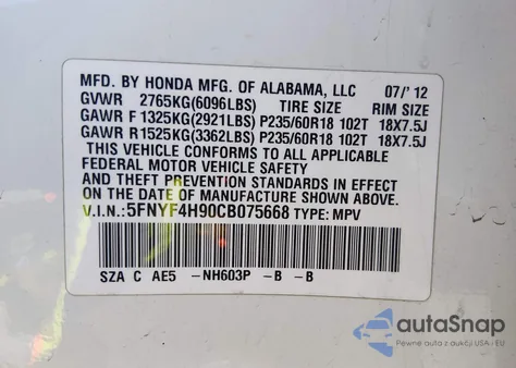 2012 Honda Pilot Touring z USA, uszkodzony, nr VIN 5FNYF4H90CB075668
